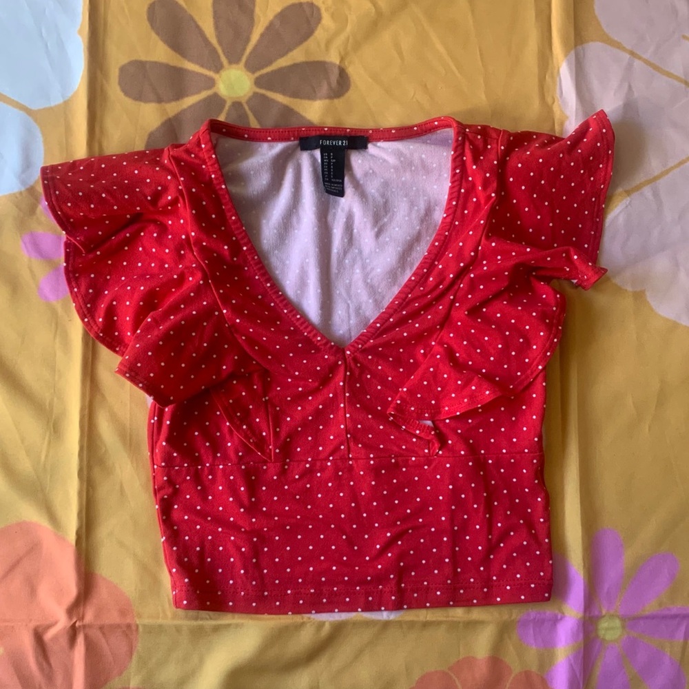 ❌SOLD❌Red Polkadot Cropped V neck